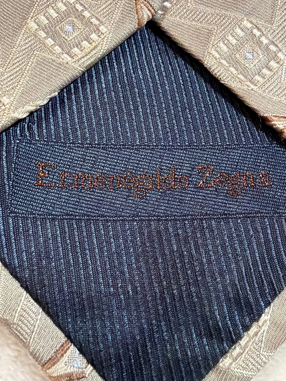 Ermenegildo‎ Zegna Men's Geometric Beige Brown White 100% Silk Satin Tie